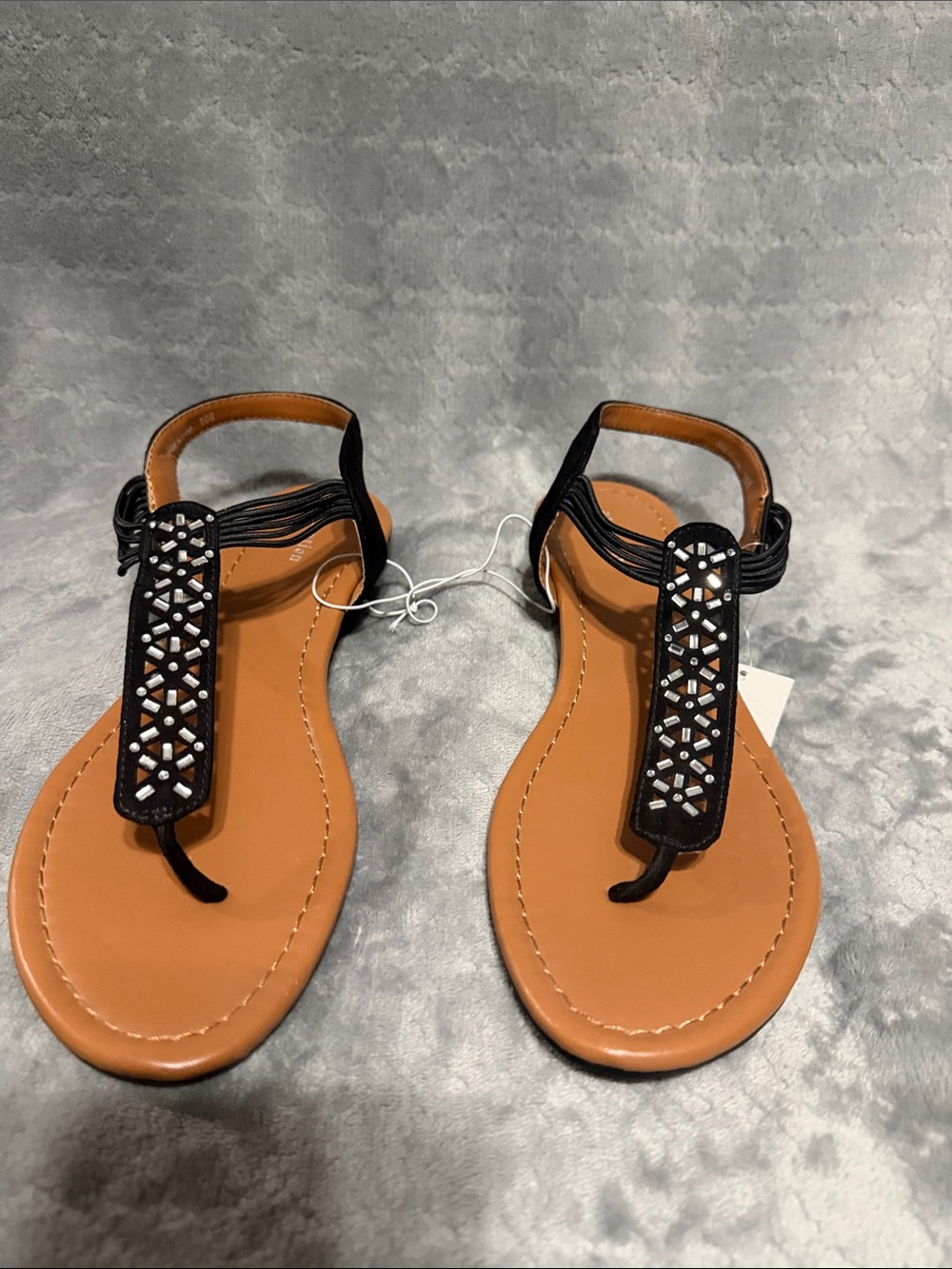 attention Black T‑Strap Embellished Sandals with Tan Footbed